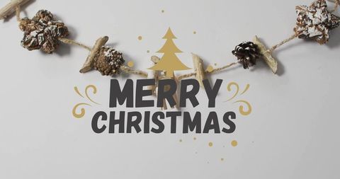 Minimalist merry christmas typography with rustic pinecone garland and gold tree overlay