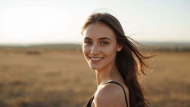 Smiling young woman standing in sunlit field at golden hour wearing black spaghetti-strap top