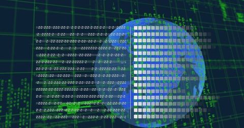 Digital earth globe with binary code and cybersecurity data