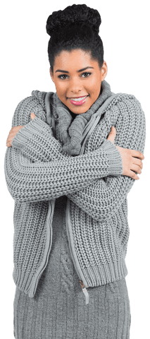 woman smiling in warm grey winter sweater holding arms - Download Free Stock Videos Pikwizard.com