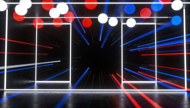 Neon Frame Triptych with Red and Blue Light Streaks Radiating into Central Void