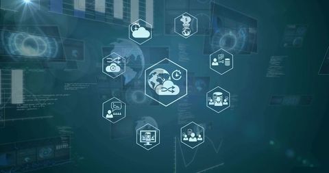 Global Cloud Sync Network Interface With Hexagon Icons and Futuristic Teal Data Visualization