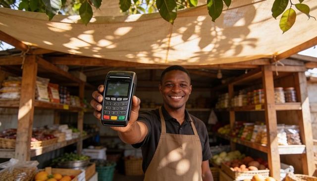 Smiling market vendor presenting card terminal at rustic open-air produce stall