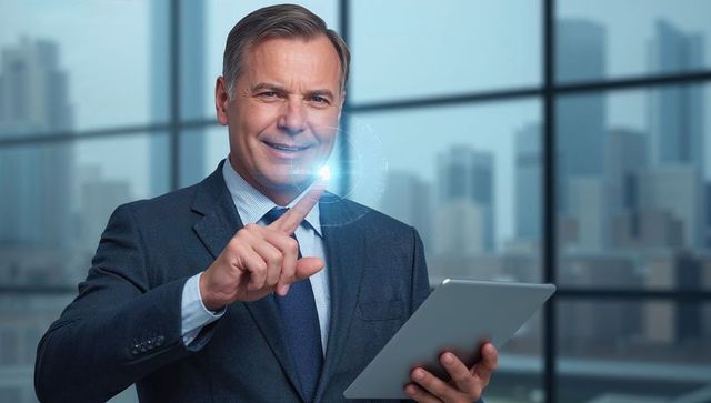 Senior executive interacting with tablet hologram in modern office