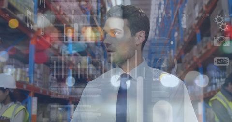 Warehouse Worker Analyzing Data in High-Tech Shipping Center