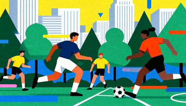 Playing soccer in city park, colorful vector illustration of youth match
