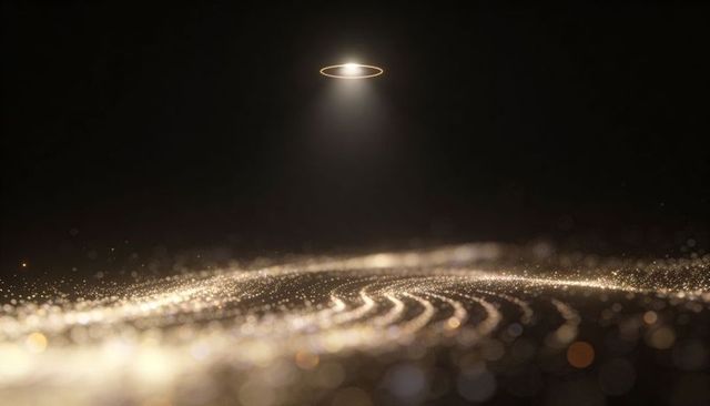 Glowing halo casting narrow spotlight over glittering particle waves, dark bokeh backdrop