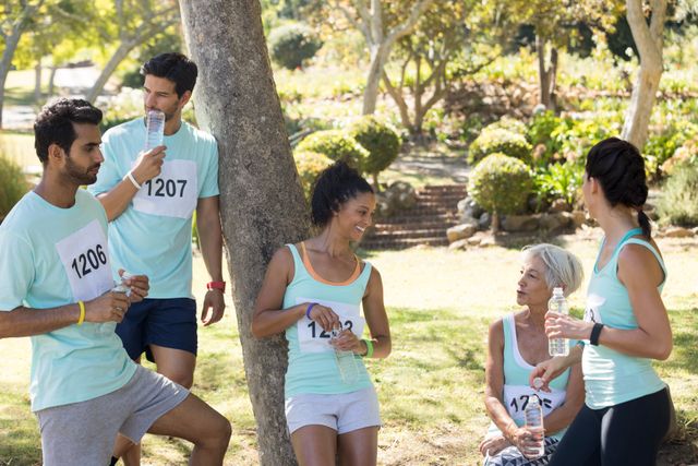 Group of marathon runners taking a break in a park, hydrating and chatting. Ideal for use in articles or advertisements related to fitness, sports events, teamwork, hydration, and outdoor activities.