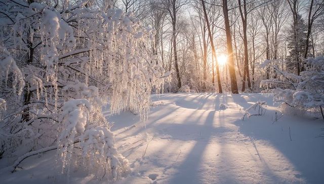 Sunlight streaming through icicle-laden branches over snowy forest clearing at sunrise