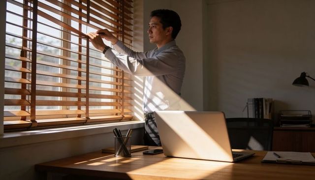 Asian businessman adjusting wooden blinds in sunlit modern minimalist office with laptop