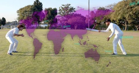 Two cricketers facing off on grassy park field with purple world map overlay