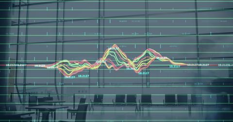Financial analytics displaying over modern office environment