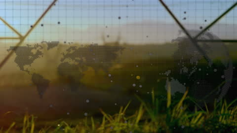 Global Network Connections Animating Over Grass Field Background