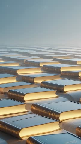 Vertical pullback revealing metallic books grid with glowing edges and reflective symmetry