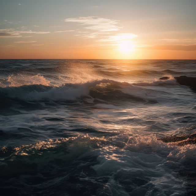 This image captures the peaceful ambiance of a sunset over the ocean, with golden sunlight reflecting on the waves. Ideal for use in travel brochures, nature blogs, and inspirational social media posts, this photo evokes feelings of tranquility and the beauty of nature.