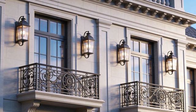 Ornate iron balconies with french windows and wall lanterns on stone facade at sunset