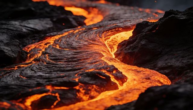 Flowing molten lava carving curving channel through dark volcanic rock with glowing veins
