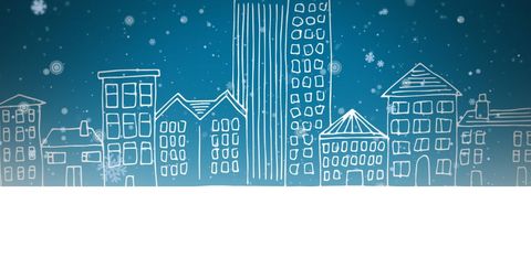 Whimsical Winter Snowfall Over Cityscape Illustration