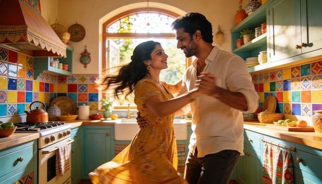 Sunlit kitchen dancing couple twirling in mustard dress and beige shirt, colorful backsplash