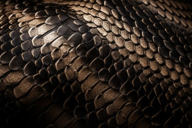 Close up of brown and cream patterned shiny scales in folds of snakeskin. Nature, leather, skin, texture and design concept digitally generated image.