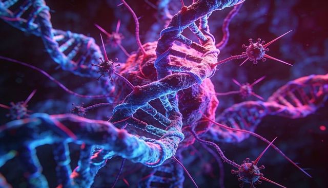 Neon dna double helix coiling amid viral particles and filamentous nanostructures