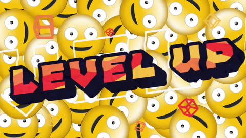 Colorful Digital Animation with Falling Emojis and Bold Level Up Sign