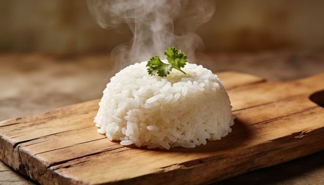 Steaming white rice mound with glossy grains on rustic wooden board, herb garnish