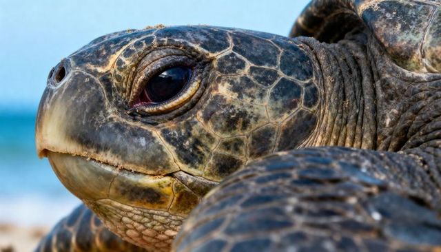 Closeup resting green sea turtle head showing textured shell, sand grains and blurred ocean