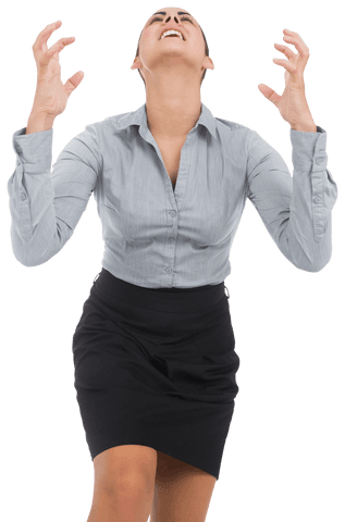 Stressed businesswoman raising hands dramatically transparent png