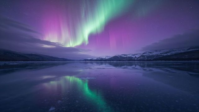 Breathtaking Northern Lights Reflection over Icy Lake