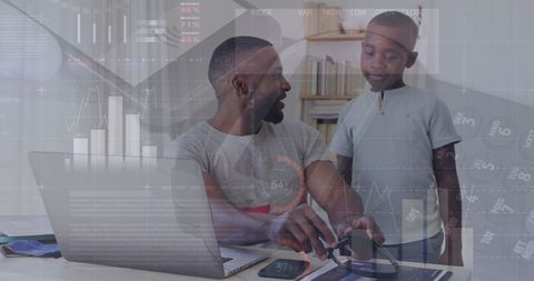 Father Teaching Son with Graphs Overlay Emphasizing Digital and Technical Lifestyle - Download Free Stock Images Pikwizard.com