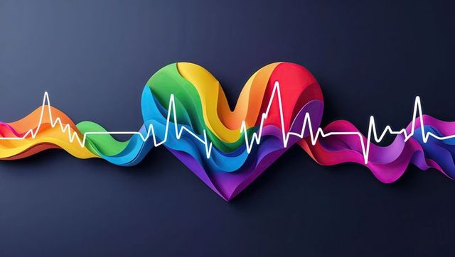 Vibrant Rainbow Heart with Electrocardiogram Waves on Dark Background