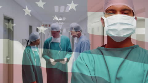 Surgeons in Theater with Colombian Flag Overlay Symbolizing Global Healthcare