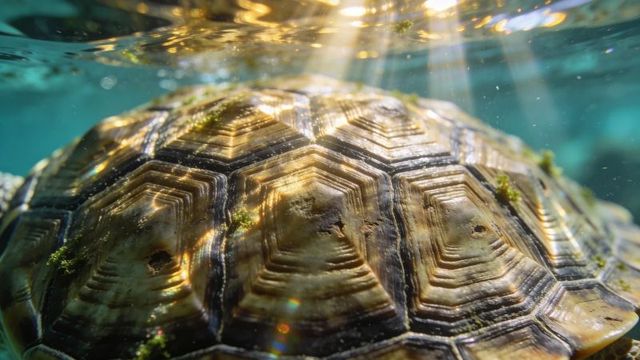 Sunlit turtle shell close-up underwater showing ringed scutes, algae and caustics