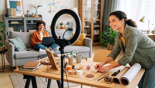 DIY Creator Filming Handmade Packaging Tutorial with Ring Light in Cozy Home Workspace