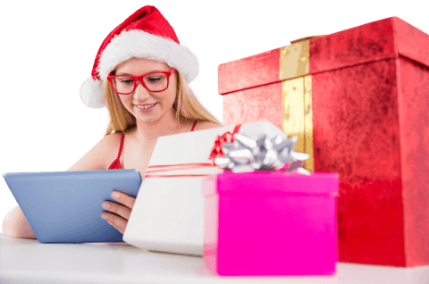 Festive Woman Shopping Online with Tablet and Gifts Transparent Background