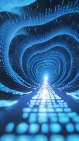 Moving Through Neon Data Tunnel Toward Bright Light | Vertical Cyber Travel Loop