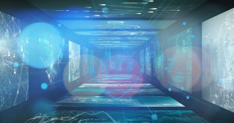 Futuristic cybersecurity concept with holographic lock and digital data streams