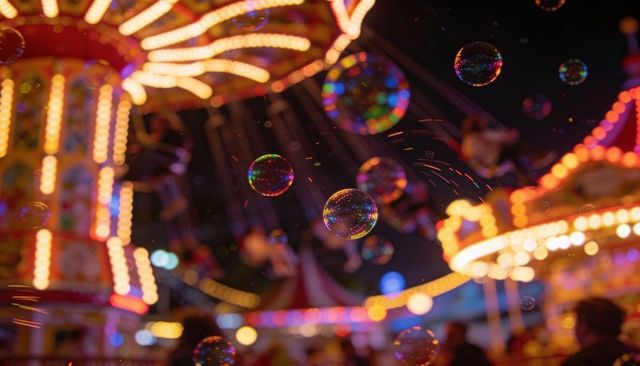 Floating soap bubbles reflecting neon lights night fair with swing carousel, colorful bokeh