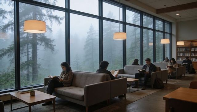 Readers enjoying cozy foggy library lounge with floor-to-ceiling windows