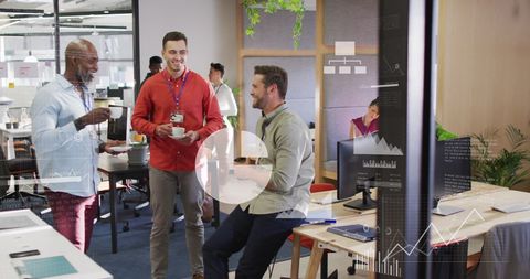 Diverse Colleagues Enjoy Tea Break with Digital Innovation Overlay