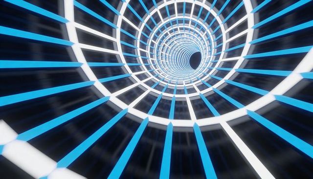Neon spiral tunnel with cyan and white lattice rings creating futuristic vortex