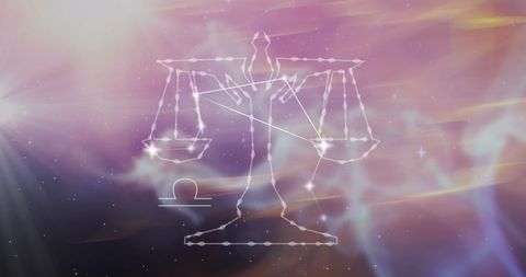 Libra zodiac sign formed by glowing constellation lines set against a smoky, colorful cosmic background. The balance scales, symbolizing harmony and justice, shine softly with cosmic dust surrounding them. This can be used for astrological reports, horoscope content, zodiac-themed designs or spiritual marketing material.