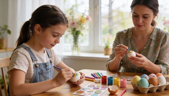 Mother and daughter painting easter eggs together at sunlit kitchen table