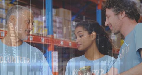 Volunteers Organizing Donations With Digital Statistical Overlay