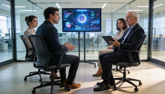 Executive team discussing data analytics dashboard during meeting in modern office