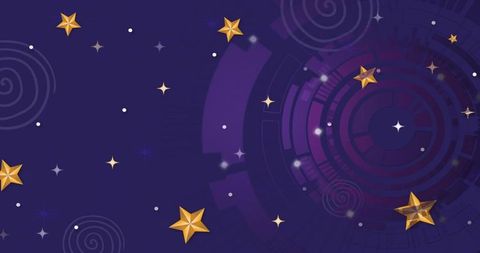 Golden 3d stars floating over purple futuristic tech rings cosmic background