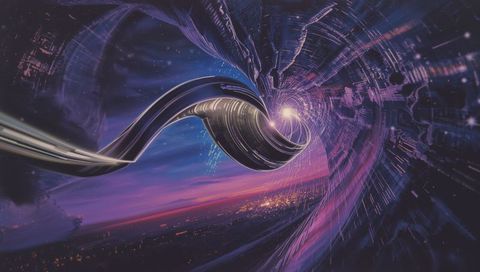 Metal tube spiraling into neon vortex pulling light into cosmic wormhole over twilight city