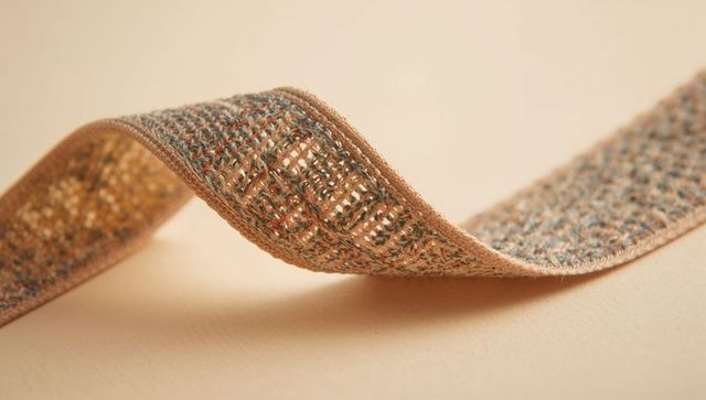 Curving metallic woven ribbon on beige surface, macro closeup of stitched textile texture