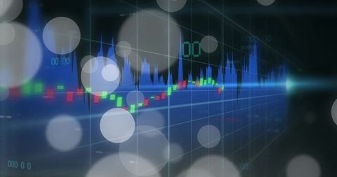 Dynamic financial dashboard showing receding candlestick chart with blue waveform and grid